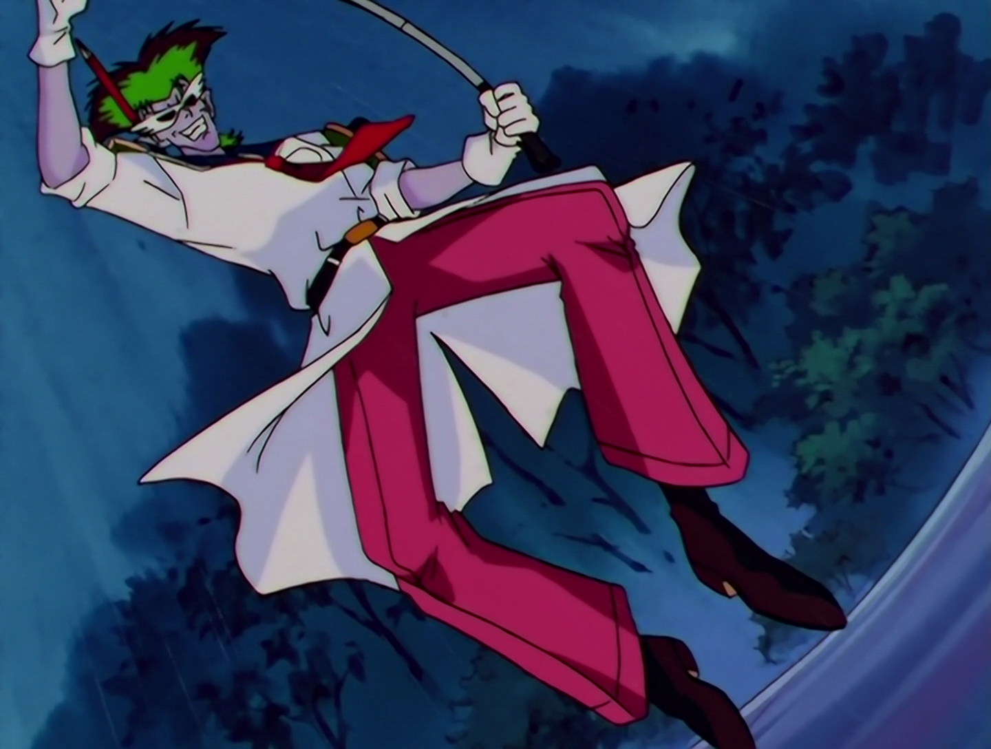 Sailor Teacher, a Phage from Sailor Moon episode 177. He has pale lilac skin and green hair spiked into a mortarboard-esque style. He’s wearing a white lab coat with a sailor collar and red tie, plus pink pants and a white Tuxedo Mask-style mask over his eyes. He also has a large pencil behind his ear and blackboard dusters on his shoulders. He’s flexing what is probably meant to be one of those metal telescoping rods that lecturers use to point to stuff.